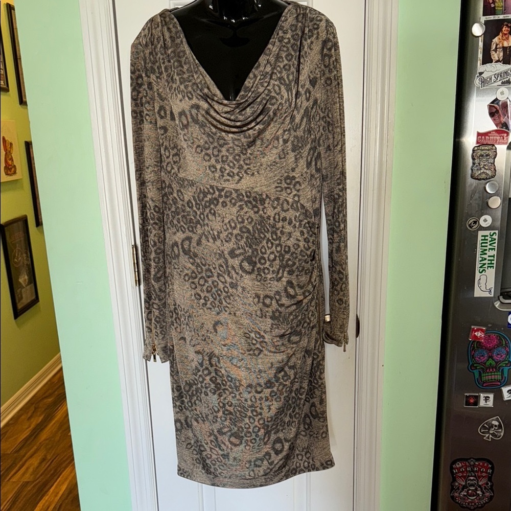 Cache Black & Gold Leopard Print Long Sleeve Cowl Neck   Cocktail Evening Dress
